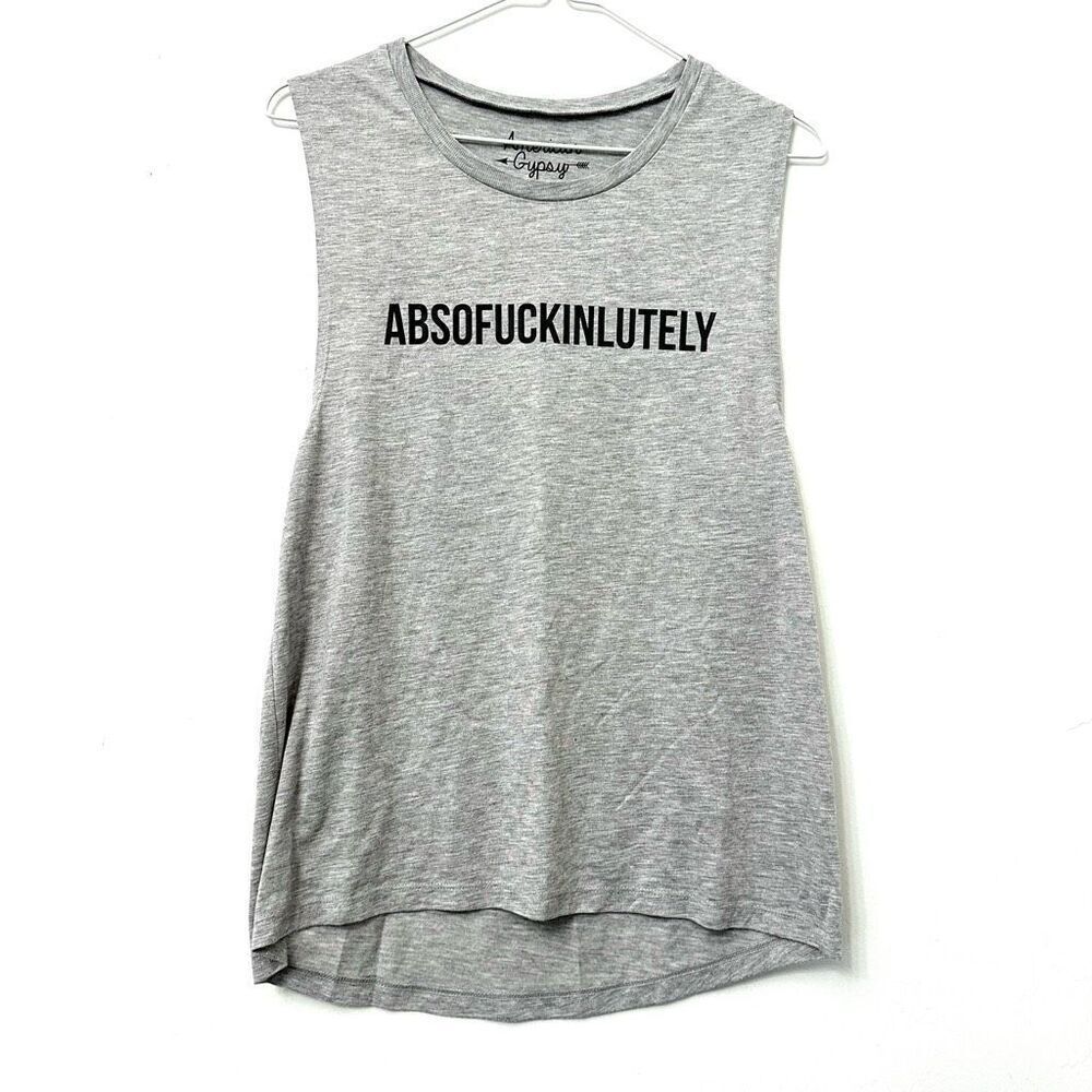 American Gypsy Absofuckinlutely Graphic Gray Tank Top Large